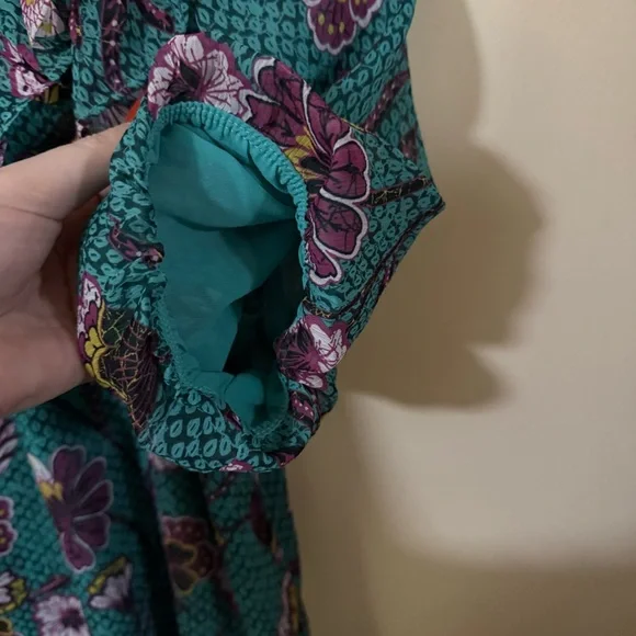 Loft Womens Blue Green Floral Short Sleeve Blouse Size Small Tie in front - Picture 5 of 6